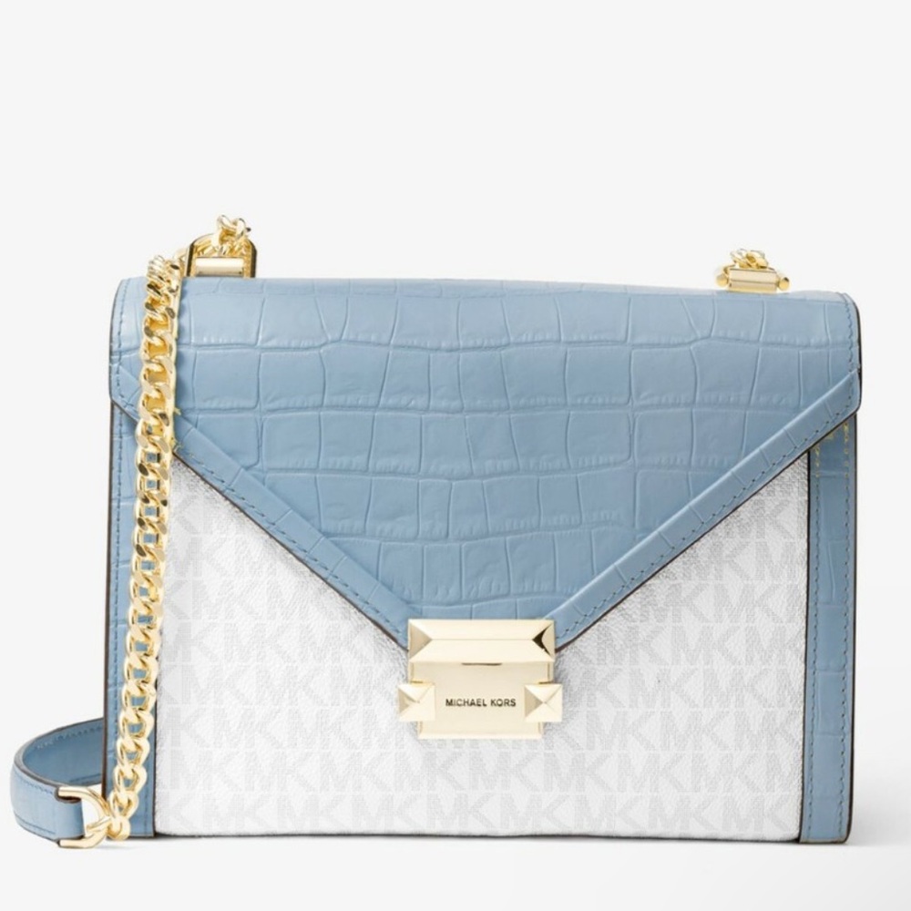 Michael Kors Signature Whitney Bag Croc Pale Blue tricolor Crossbody Shoulder - Picture 3 of 13